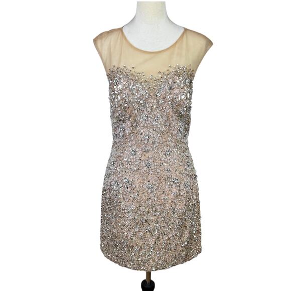 Terani Couture NEW Tan Sheer Mesh Rhinestone Sequin Beaded Mini Formal Dress - Picture 1 of 16
